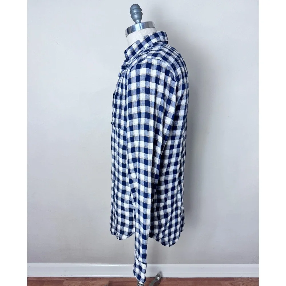 Banana Republic Button Up Shirt Mens M Camden Fit Blue‎ Plaid 100% Linen
